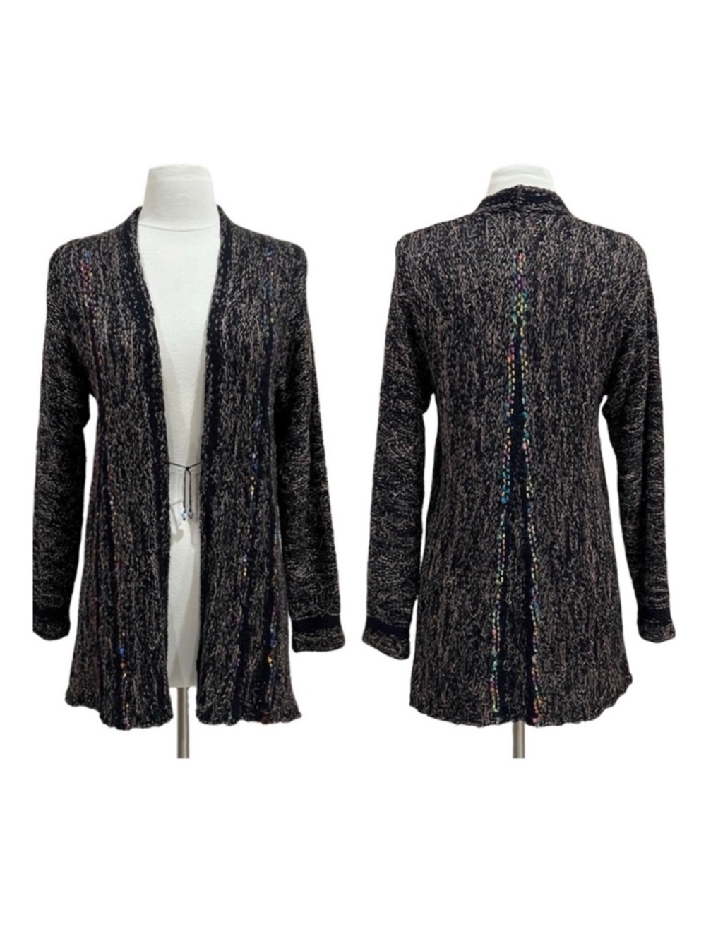 Parvaneh Boho Marled Knit Open Front Cardigan with Rainbow Confetti Detail Small